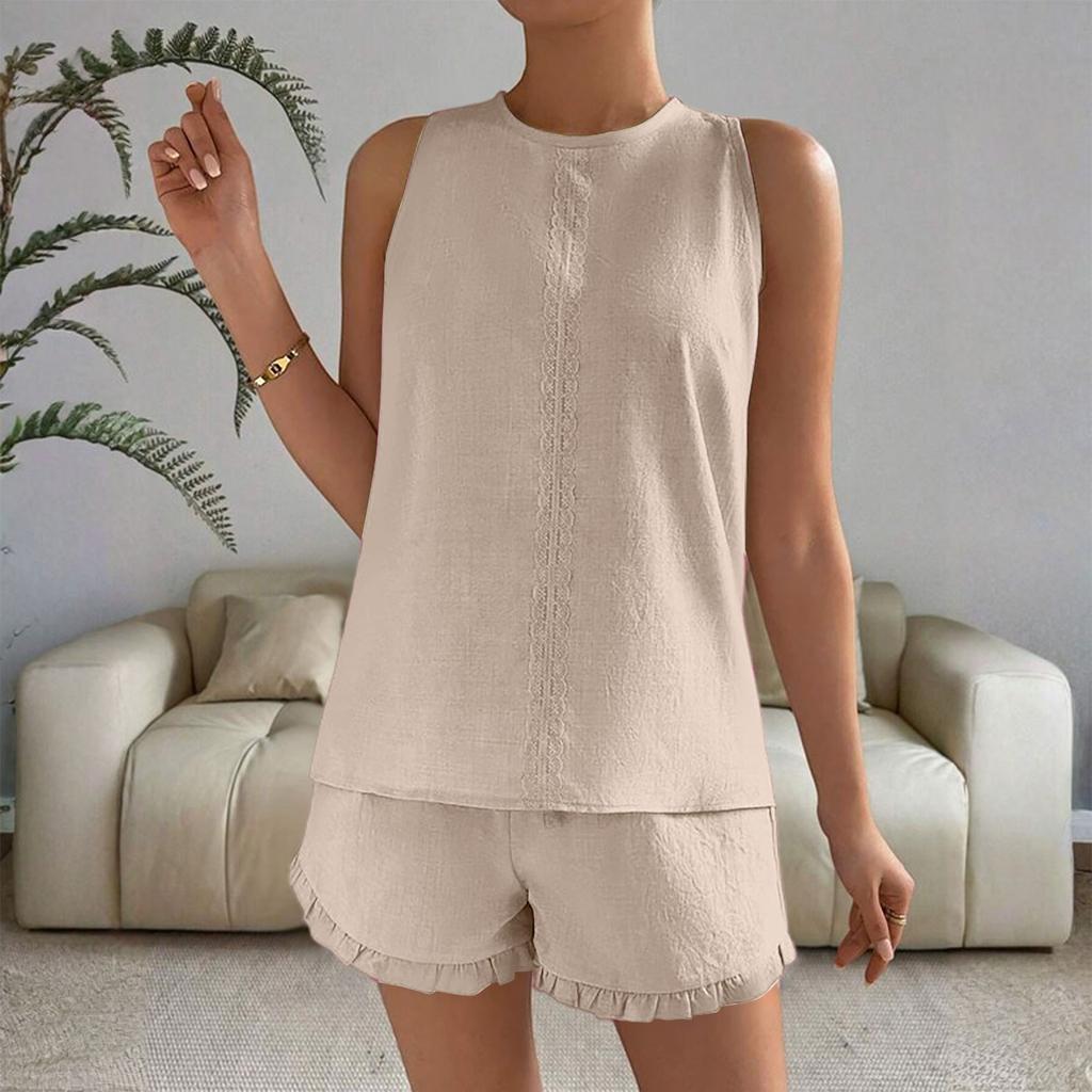 Women's Fashion Casual Summer Solid Color Sleeveless Tops Ruffle Soft Comfortable Shorts Set