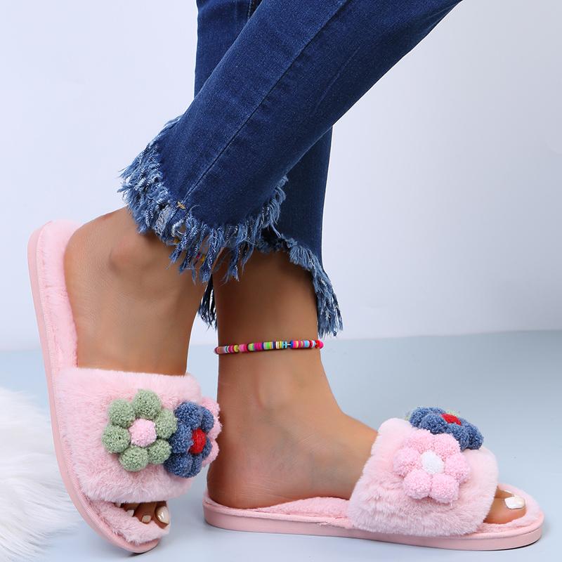 Fashion Fashion Flower Short Plush Cotton Slippers Women 2025 Autumn Round Toe Soft Thick Bottom Slides Sexy Faux Fur Outdoor Slippers