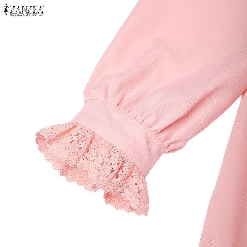 ZANZEA Damen Lässiges Stehkragen Langarm Locker Spitze Patchwork Langes Kleid