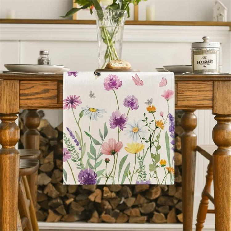 Dining Room Linen Table Runner with Flower Pattern Kitchen Table Ornament Tablecloth Decoration for Holiday Festivities