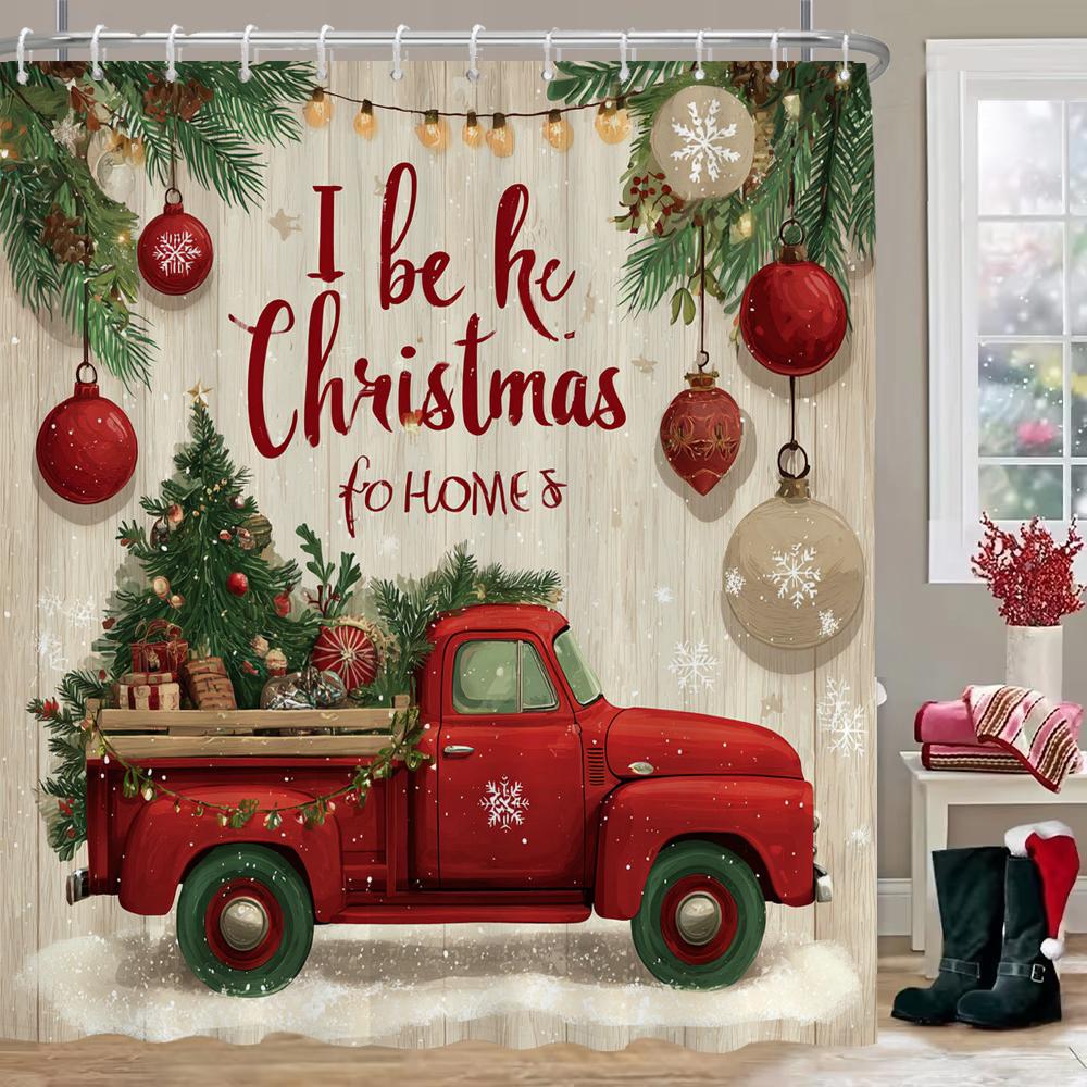 Christmas truck Shower Curtain, Christmas Bathroom Curtain Decoration With Hook Fabric Christmas Gift Curtain, with Hooks