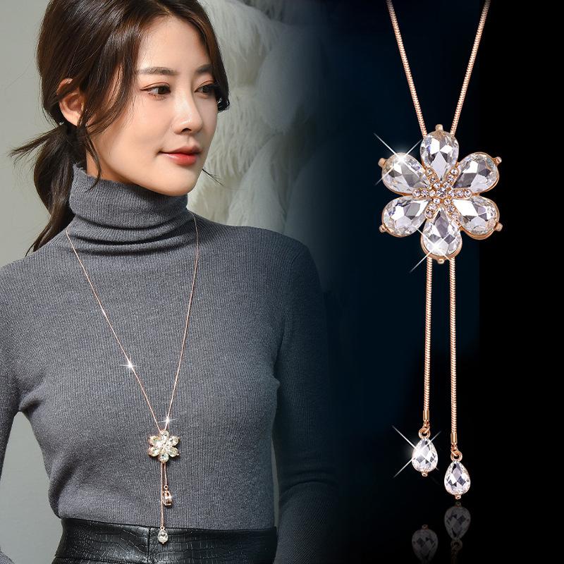 Korean Crystal Flower Sweater Chain Necklace - Long, Versatile for Autumn/Winter