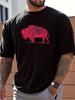 Red Buffalo Graphic Tee Mens Black Cotton TShirt Casual Loose Print Outdoor Round Neck