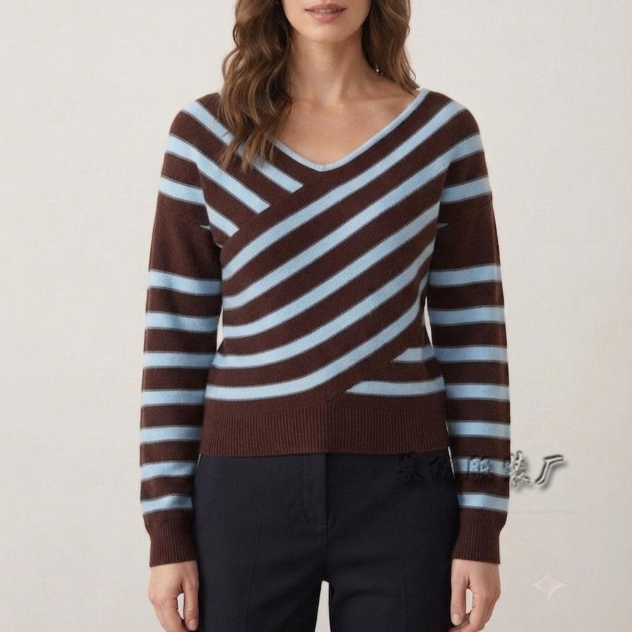 2026 autumn and winter new contrasting color off-the-shoulder casual European and American sweaters women's versatile striped knitted sweaters women's