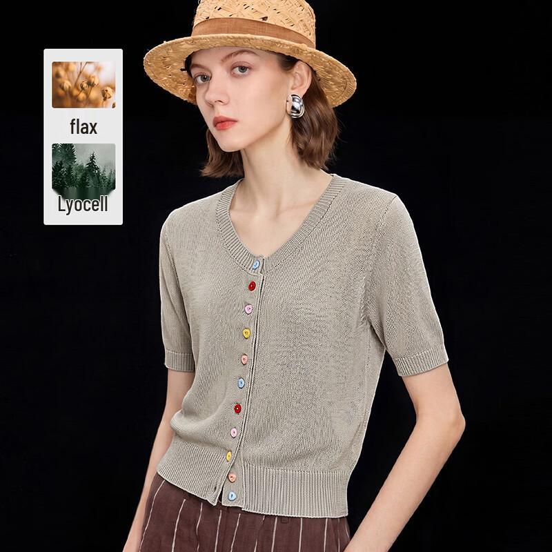 Women s V-neck Tencel Linen Knit Short Sleeve Top M