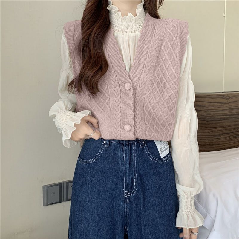 Damen Süßes Rautenmuster Gestrickte Weste Cardigan Mantel Einfarbig Spitze Pulloverweste Cardigan für Oberbekleidung