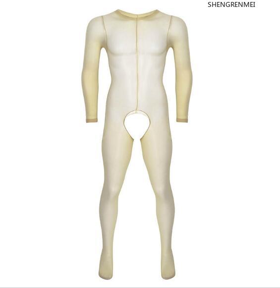 Shengrenmei Uomo Trasparenti Sottili Maniche Lunghe Girocollo Senza Cavallo Con Piedi Elasticizzati Body Collant Calze Integrali