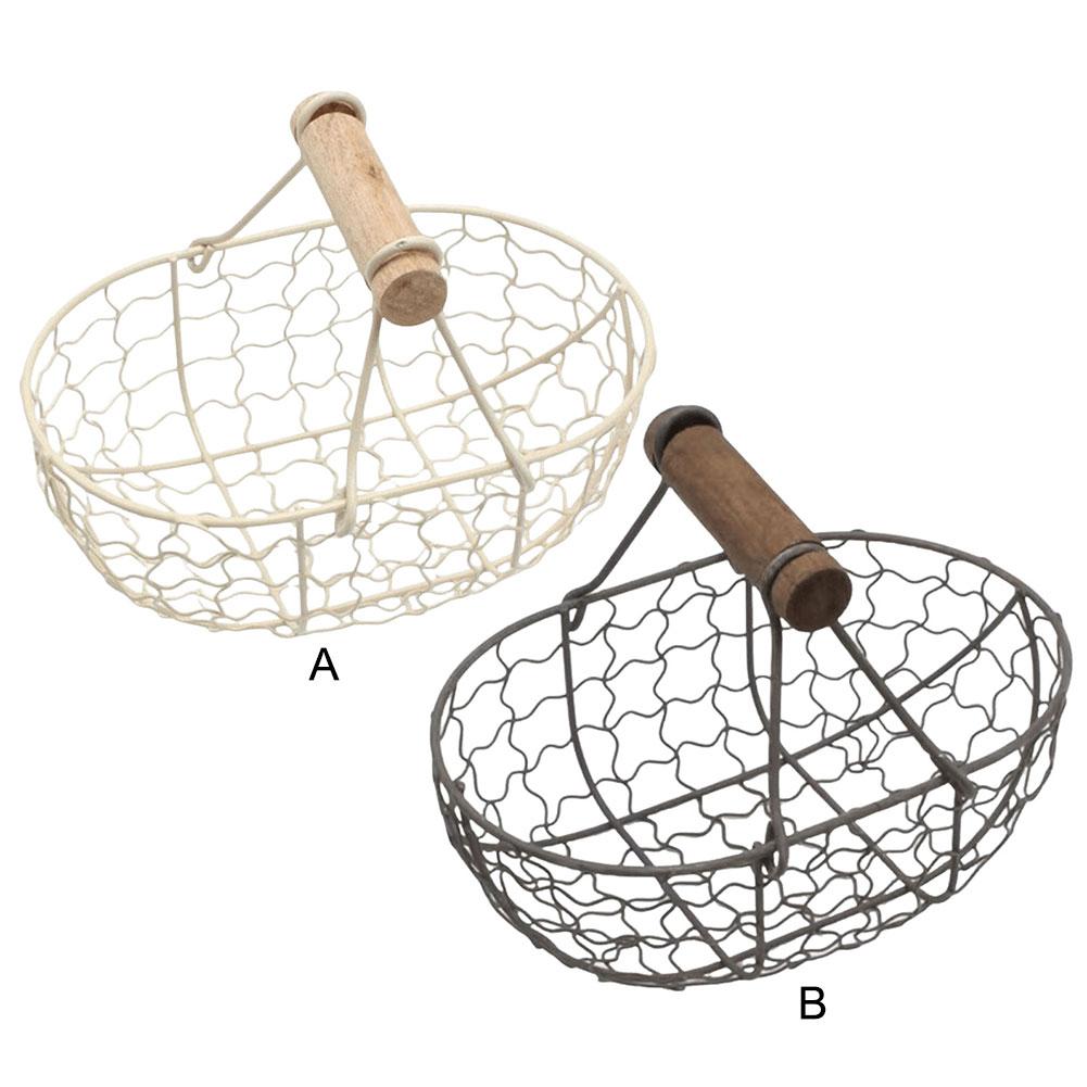Iron Fruit Vegetable Basket with Wooden Handle Bread Basket Storing Food Photography Props for Home Kitchen Living Room