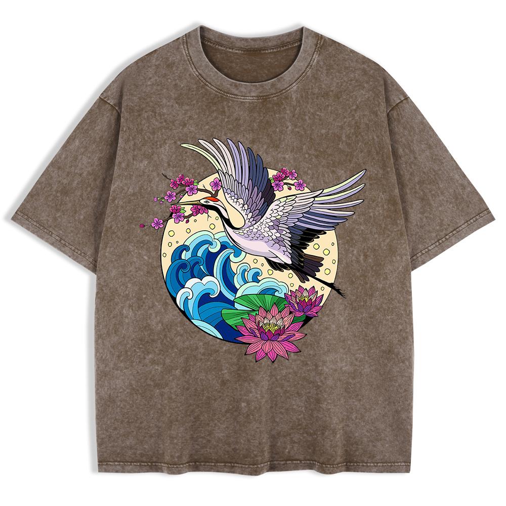 Gru Godono di Fiori Fioriti Magliette Lavate Uomo Cotone Oversize Maglietta Casual Girocollo Manica Corta Top Abbigliamento