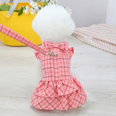 Summer Pet Princess Plaid Skirt Sweet Bowknot Dog Dress With Leash Set Chihuahua French Bulldog Yorkshire Cute Puppy Costume