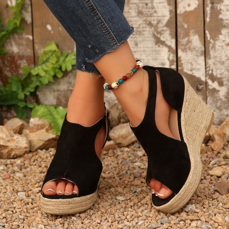 Women's Plus Size Suede Peep Toe Platform Sandals, Single Strap Chunky Heel Slides