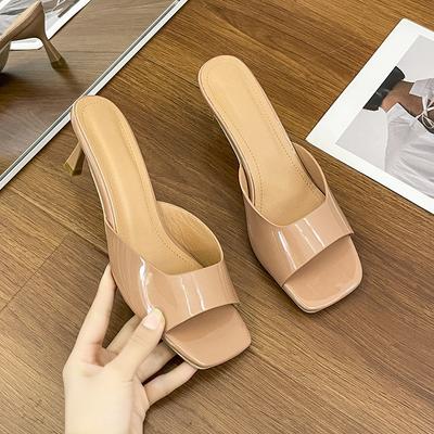 Women High Heels Slippers Square Toe Open Toe Slippers Designer Leather Slippers for Women Summer New  High Heel Sandals