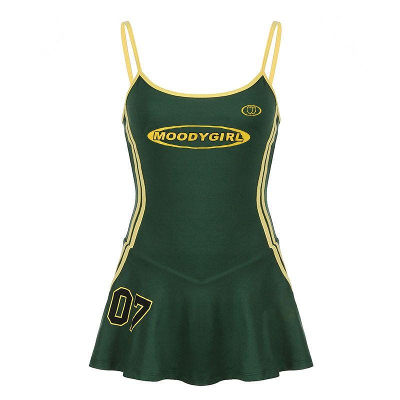 American-Style Sports Casual Suspender Dress Summer 2024 Digital Stripe Webbing Color-Blocking Spicy Girl Waist-Cinching A-Line Dress Green S