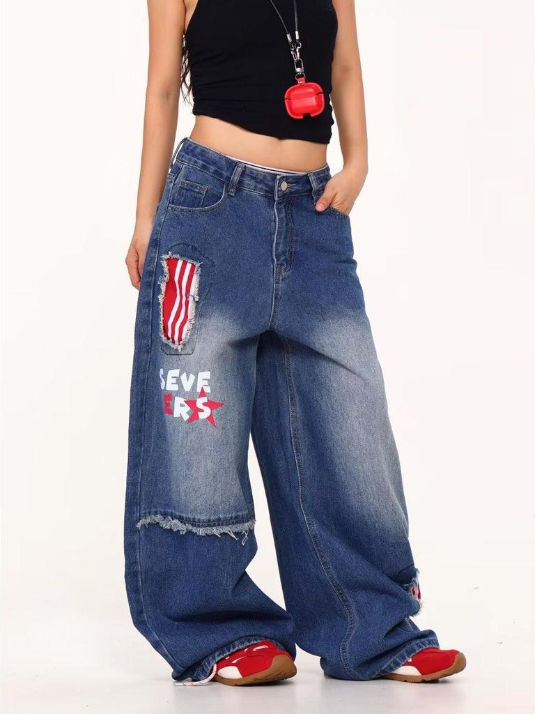 Unisex Retro Patchwork Ripped Wide-Leg Jeans