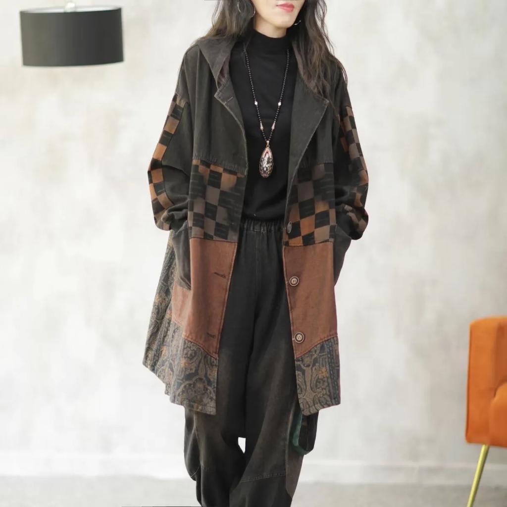 Women's Spring and Autumn Retro Washed Denim Jacket Personalized Color Blocking Casual Loose Windbreaker