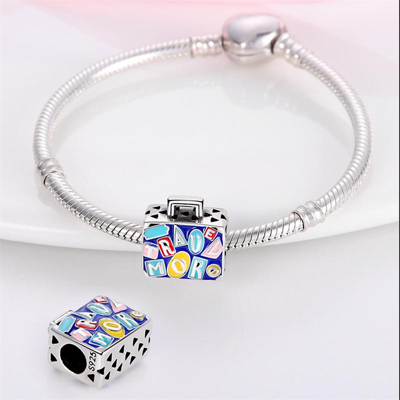 100% Copper Colorful Suitcase Bag Travel Charms Beads Fit Original Pandach Bracelets Fine Diy Anniversary Jewelry