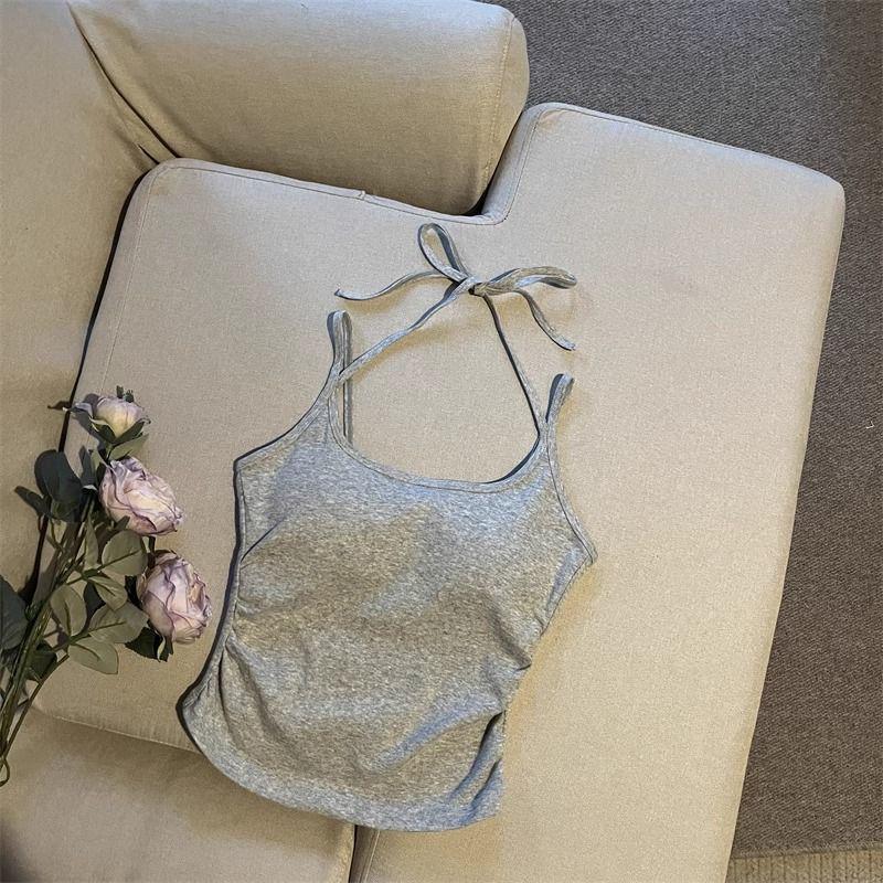 Women's Ruched Halter Neck Camisole with Built-in Bra - Versatile Summer Top for Girls