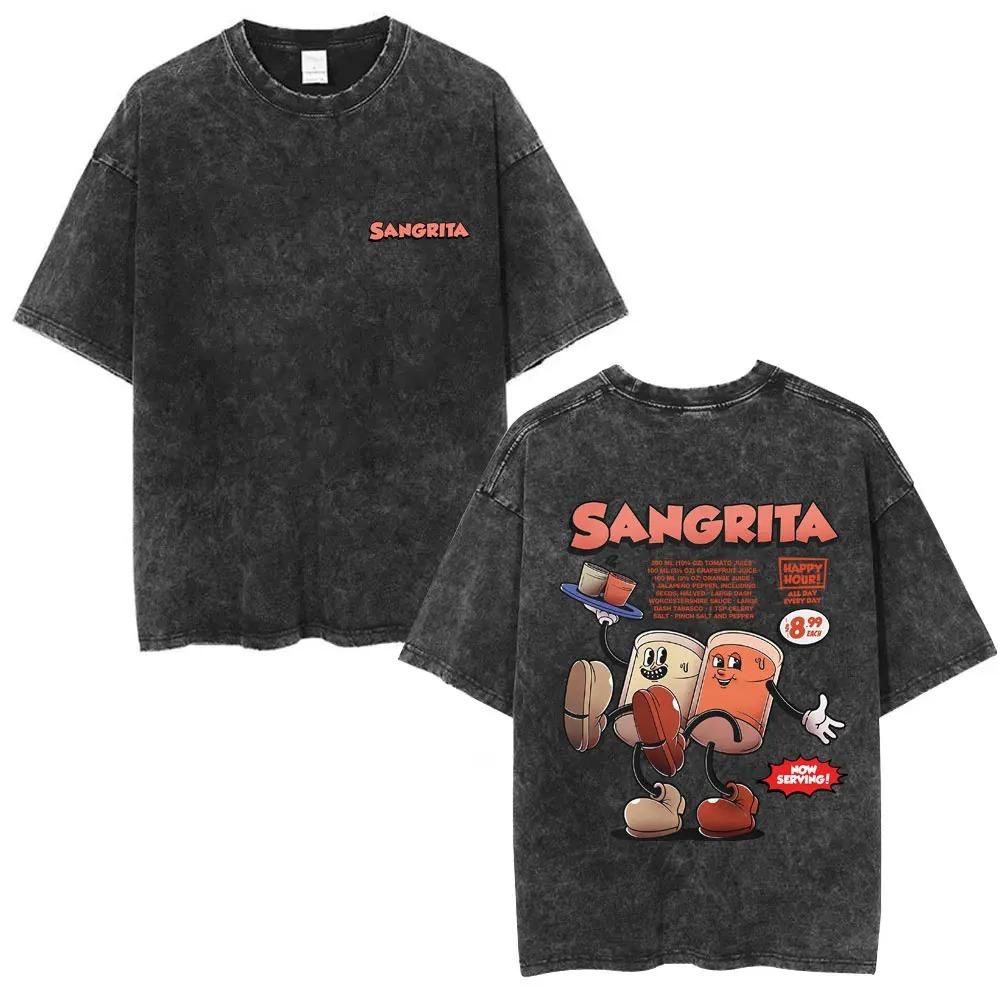 

Oversized Acid-Wash Short-Sleeve T-Shirt Featuring Sangrita Retro Cartoon Mascot Double-Sided Graphic Print L