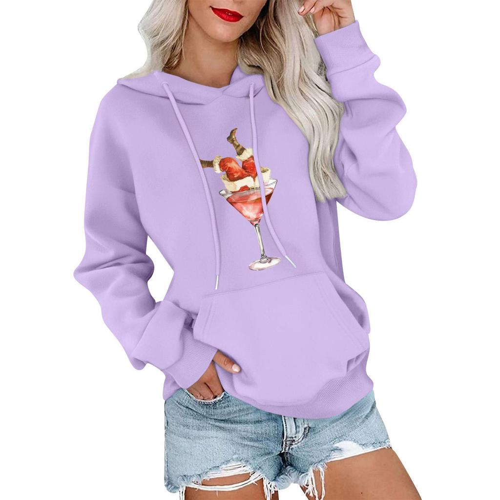 Damemote, Avslappet Og Komfortabel Genser Med Rund Hals Og Hette, Langermet Juletrykk, Varm Genser