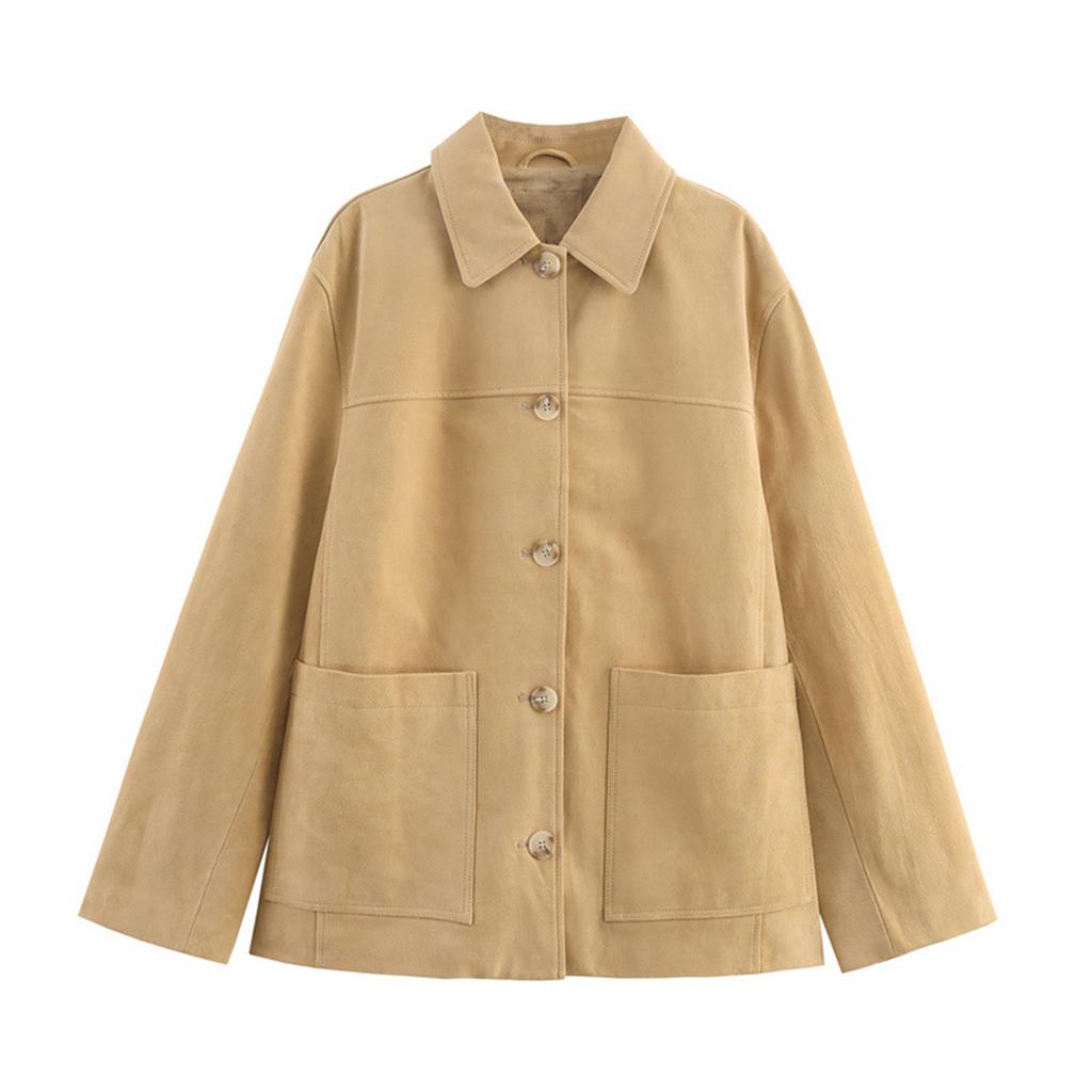 Women's Fashionable Suede Solid Color Loose Fit Suede Leather Long-Sleeved Jacket