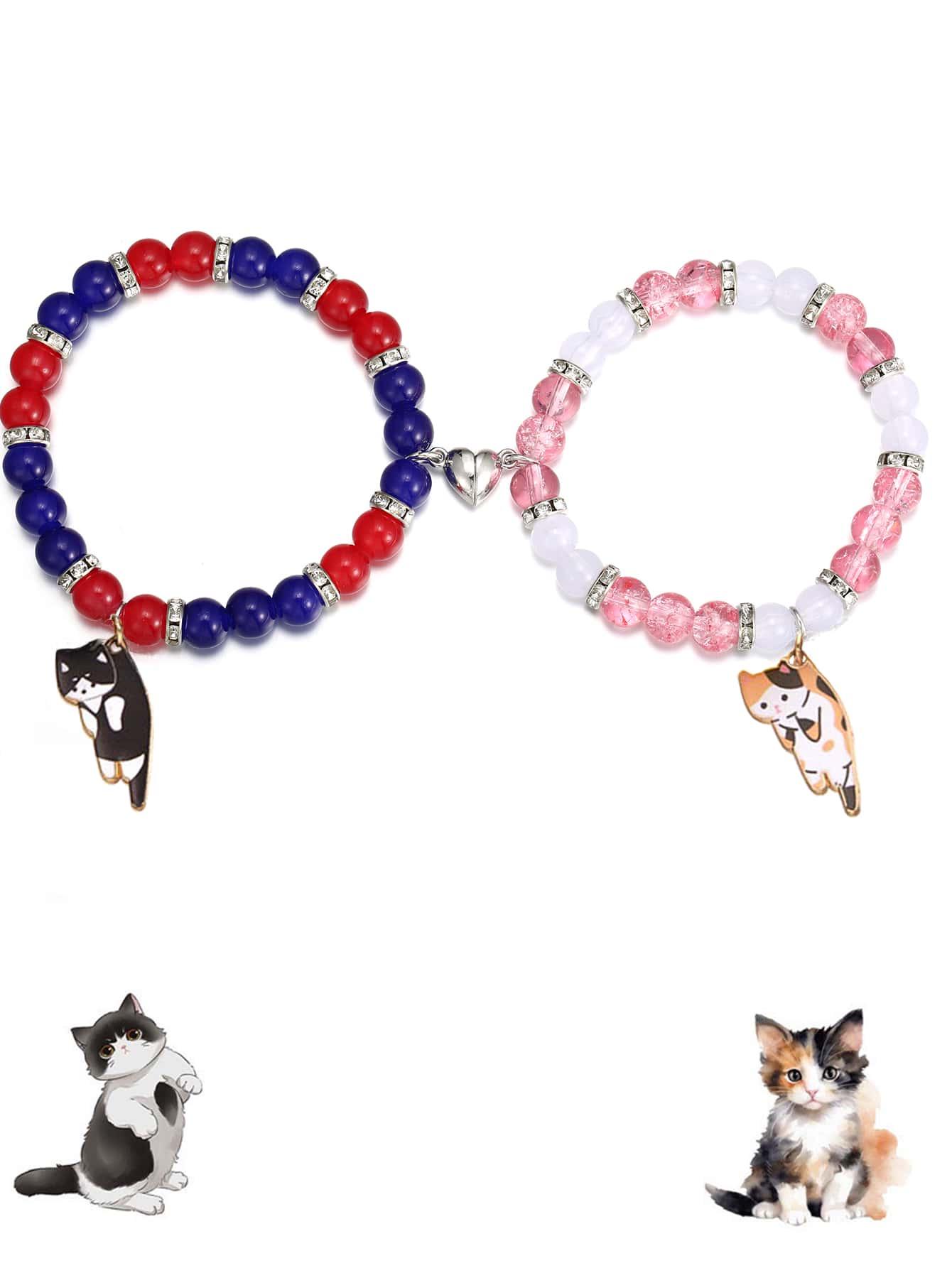 Cross-border Unisex Cute Kitten Beaded Bracelet with Heart  Magnetic Clasp