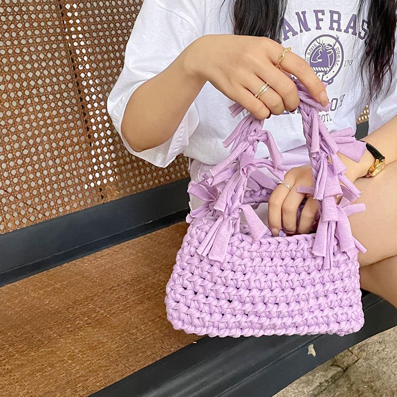 Yogodlns Fashion Solid Color Women's Knitted Small Handbag Woven Luxury Design Tassel Shoulder Bag Wrist Bag