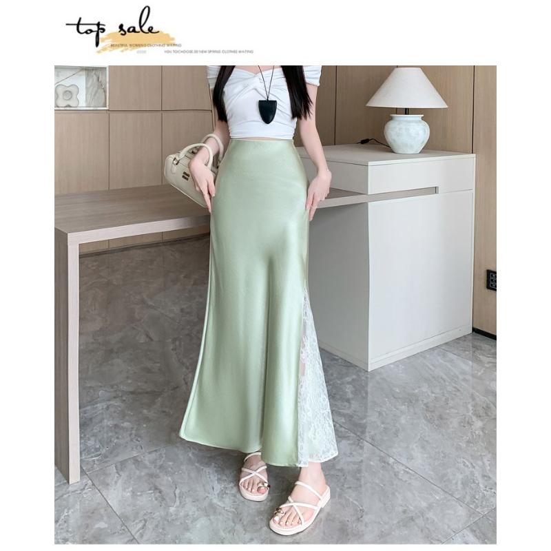 Lace Splicing Acetate Satin New Chinese Style Gentle Temperament Slimming Skirts