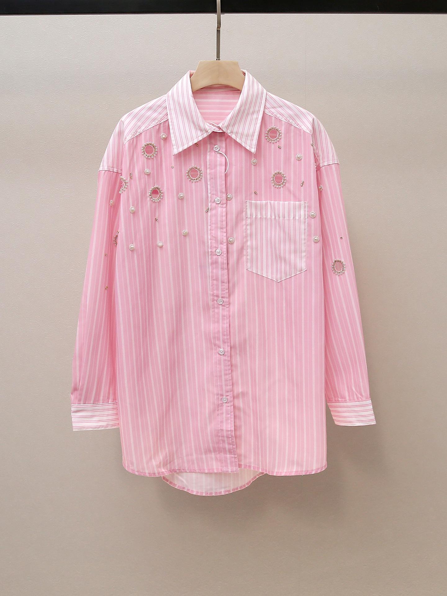 

Women s Autumn French-Style Beaded Hollow-Out Striped Lapel Long-Sleeve Shirt L