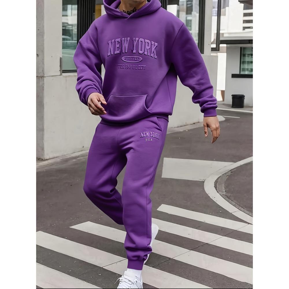 Men's Autumn and Winter Casual Fashion Two-piece Set, Hooded Long Sleeved Sweatshirt and Pants with New York Embossed Print