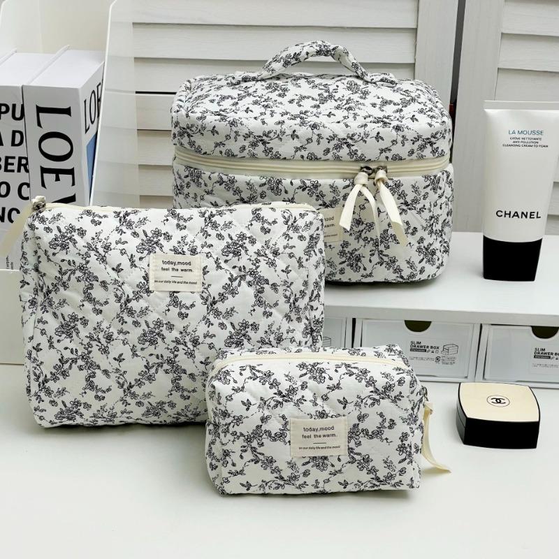 Black White Floral 3pcs/set Cosmetic Bag Women Fashion Portable Travel Large Capacity Toiletry Cosmetic Storage Bag Organizer
