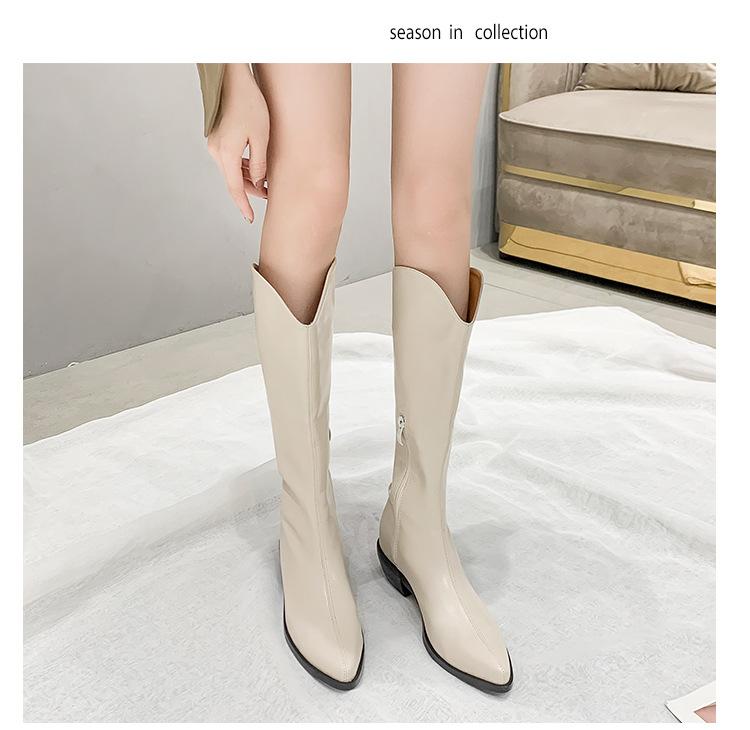 

Осень и зима V-образные ковбойские сапоги в западном стиле ретро боковая молния острый носок высокие сапоги до колена толстый каблук сапоги до колена 39 абрикосовый