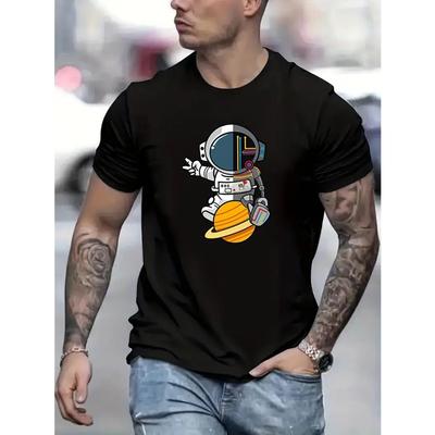 Europäische Größen Herren Lässiges Stilvolles Rundhals T-Shirt mit Aufdruck Kurzarm mit Cartoon-Astronaut