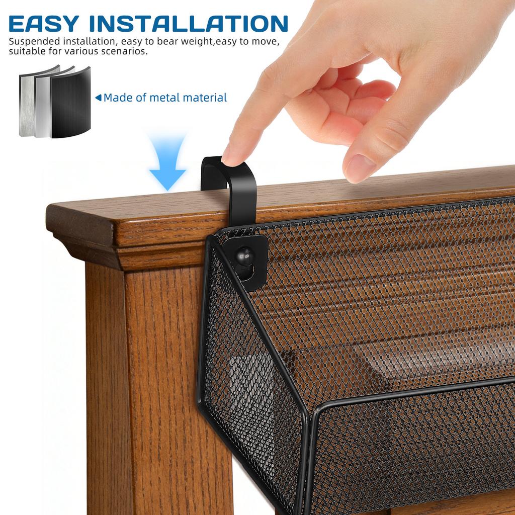 Hanging Bedside Storage Basket Metal Wire Organizer Rack Space Saving for Bed Frame Dorm Bunk Bed Desktop Essentials Black