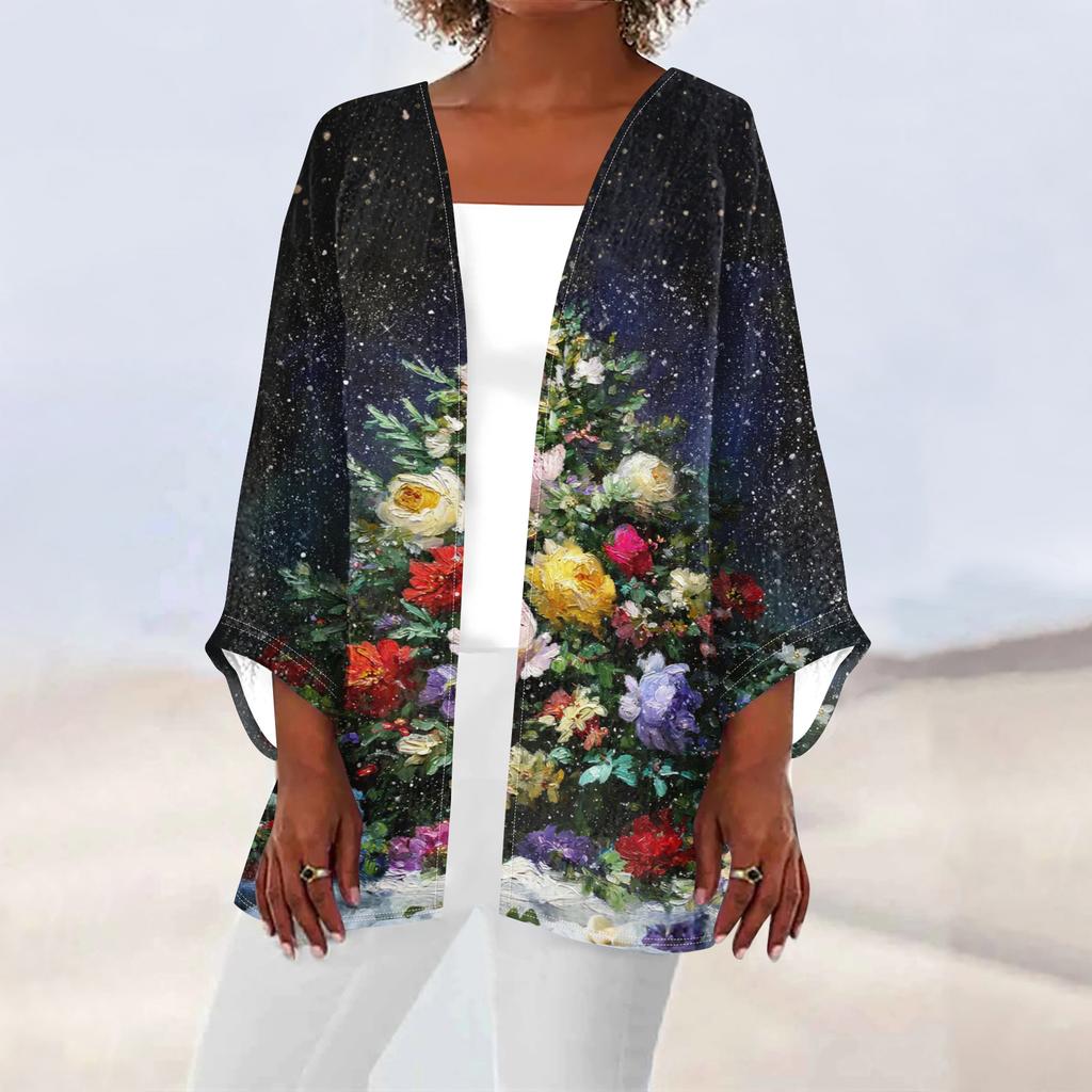 Women's Casual And Fashionable Christmas Printed Lightweight Mid Length Jacket Cardigan