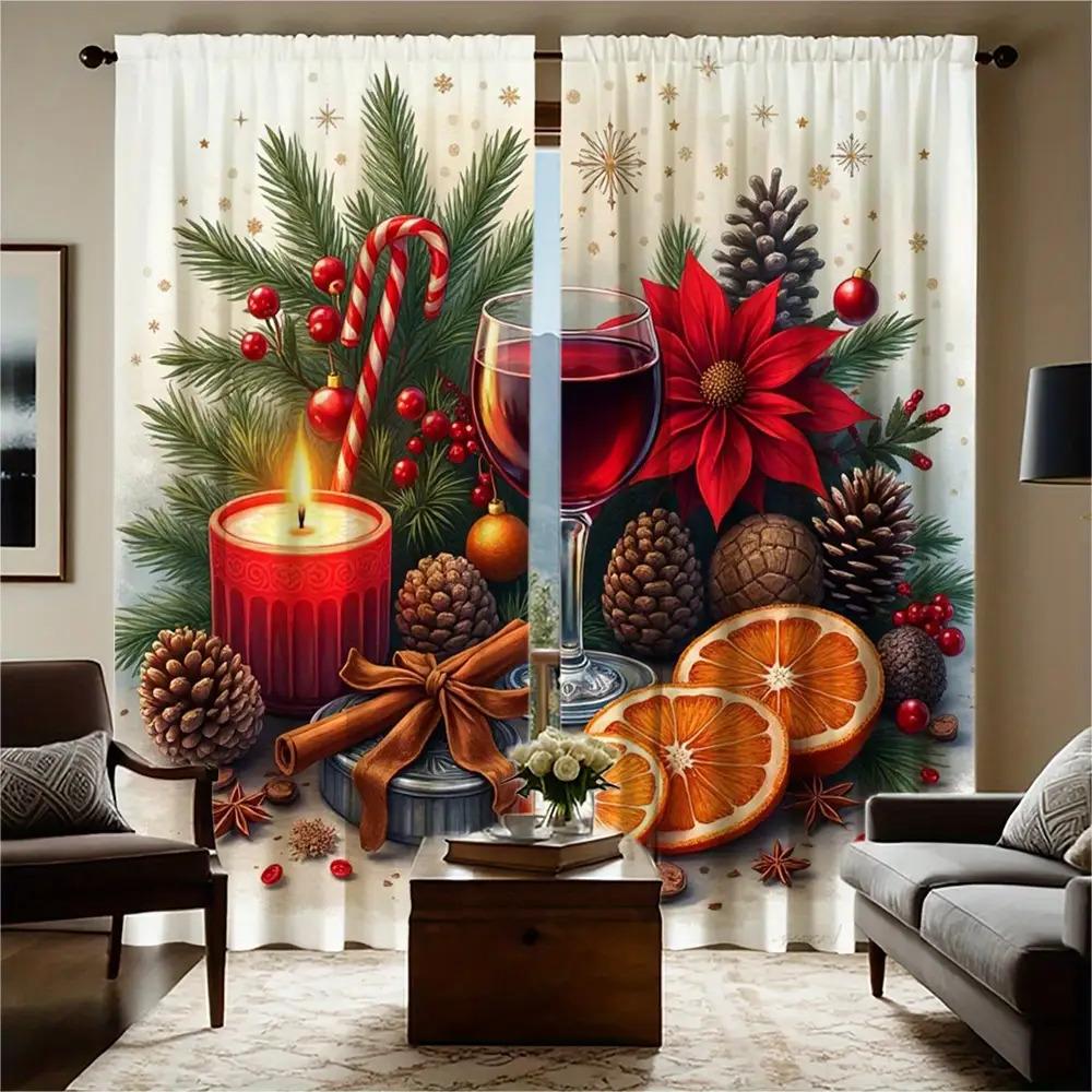 2pcs Christmas Window Curtains - Heavyweight Matte Polyester Blackout Curtains with Red   Green   Golden Holiday Decor - Machine