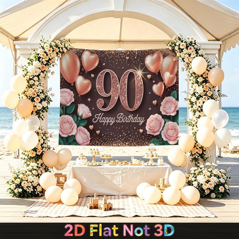 Red 90th Floral Birthday Backdrop 1pc - Polyester Party Decor