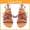 Elegantní Dámské Boho Sandály Gladiator Kožené Ploché Boty S Barevnými Pompony