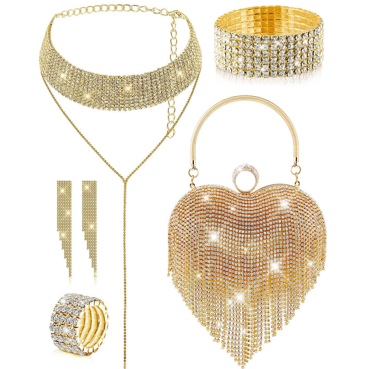 

Fashion Rhinestone Heart Tassel Multi - Layer Necklace Set 5Pcs Women Party Jewelry золотий