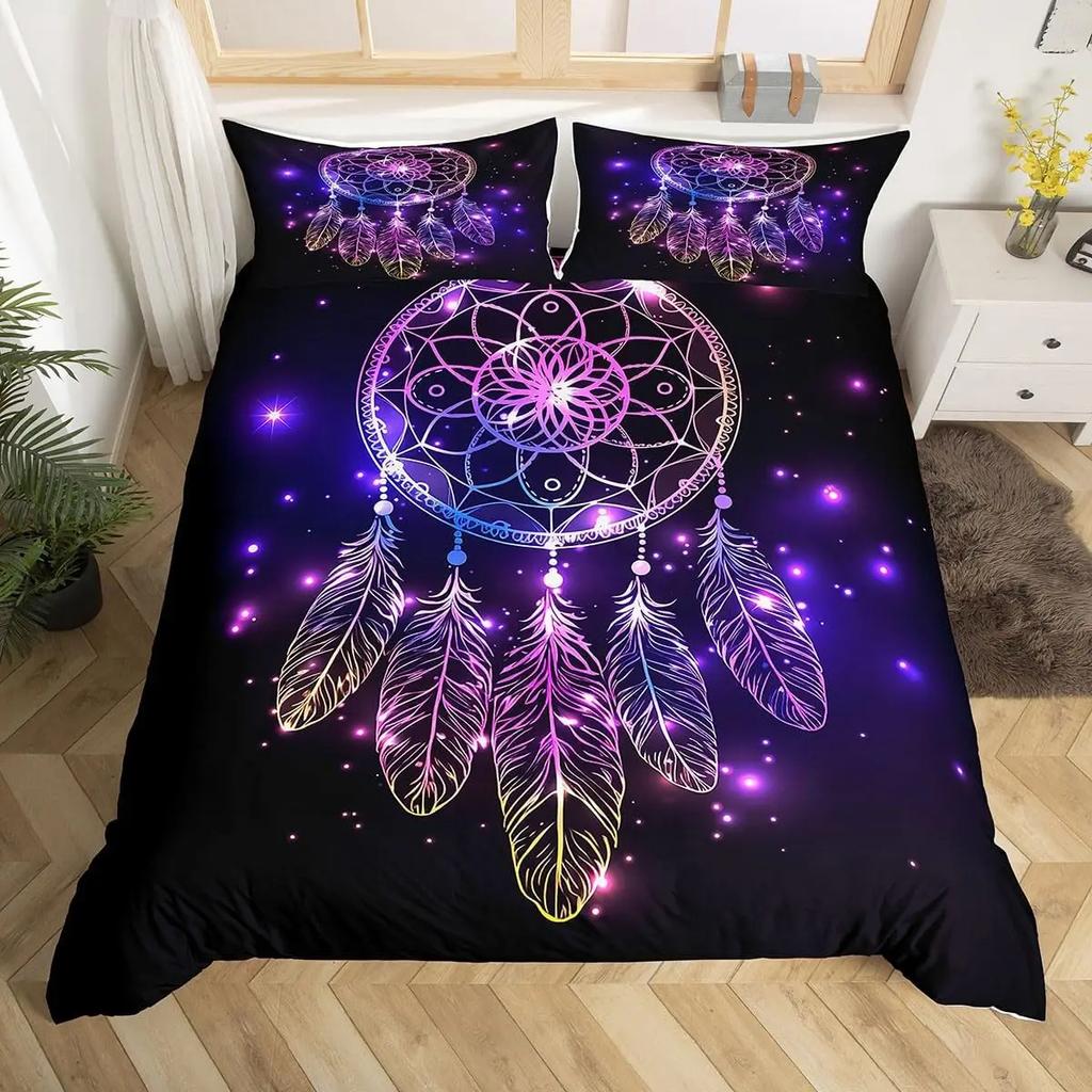 Conjunto de Cama Apanhador de Sonhos Boho Mandala Capa de Edredom Solteiro King, Capa de Edredom Exótica Tribal Pena Céu Estrelado Galáxia
