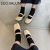Fashion SUOJIALUN Spring New Brand Women Flat Shoes Fashion Split Toe Laofer Shoes Soft Flat Heel Ladies Casual Outdoor Mary Jane Shoes