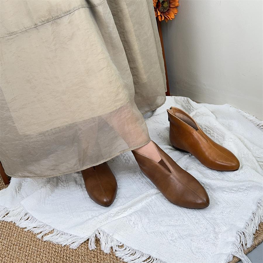 Johnature Retro Pointed Toe Cowhide Short Boots Versatile Genuine Leather Soft Soled Women's Shoes