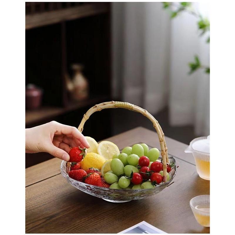 Nordic Style Rattan Glass Fruit Basket Snack Plate Retro Living Room Storage Candy Box Light Luxury Tea Table Handheld Fruit Plate