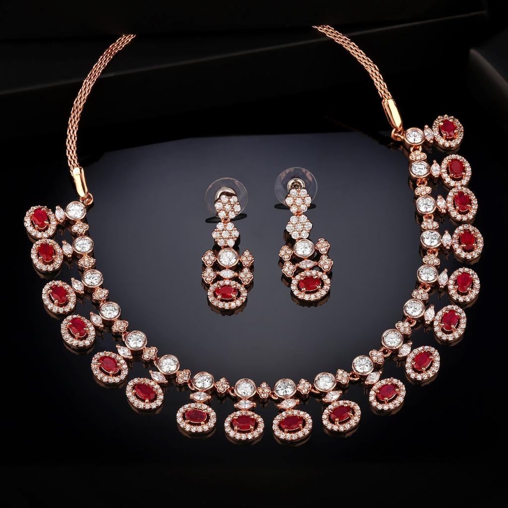 Ensemble de colliers éblouissants pour femmes Estele en plaqué or rose avec pierres rubis