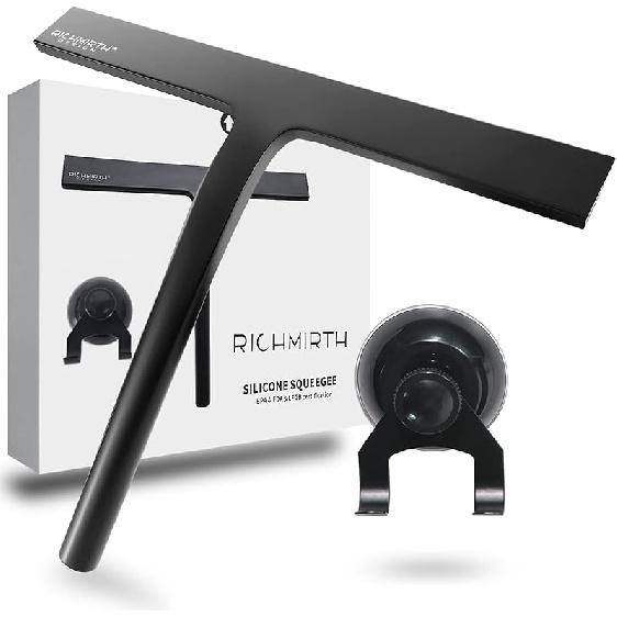 Shower Squeegee for Glass Doors 10  - All Purpose Squeegee for Window Bathroom Glass Mirror Bathroom Tile with Suction Cup Hooks - Black чёрный