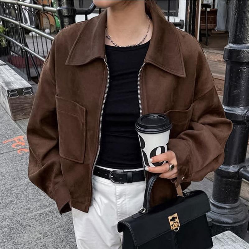 Women Vintage Loose Brown Suede Jacket Casual Fashion Outerwear For Ladies