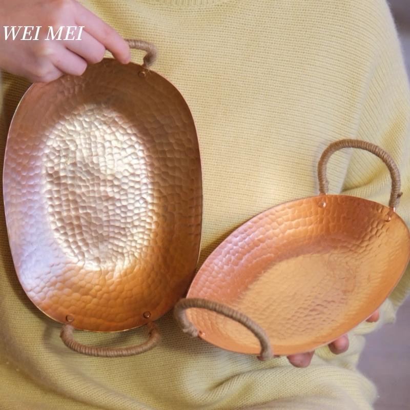 Vintage Copper Fruit Plate,Handcrafted Hammer Texture Woven Handheld Ellipse Shape Bread Tray,Home Food Plate 17 cm,Tableware