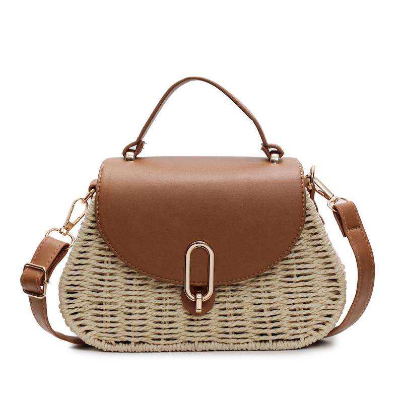 Straw Beach Bag PU Leather Summer Shoulder Bag Flap Handbag Handmade Clutch Purse for Women