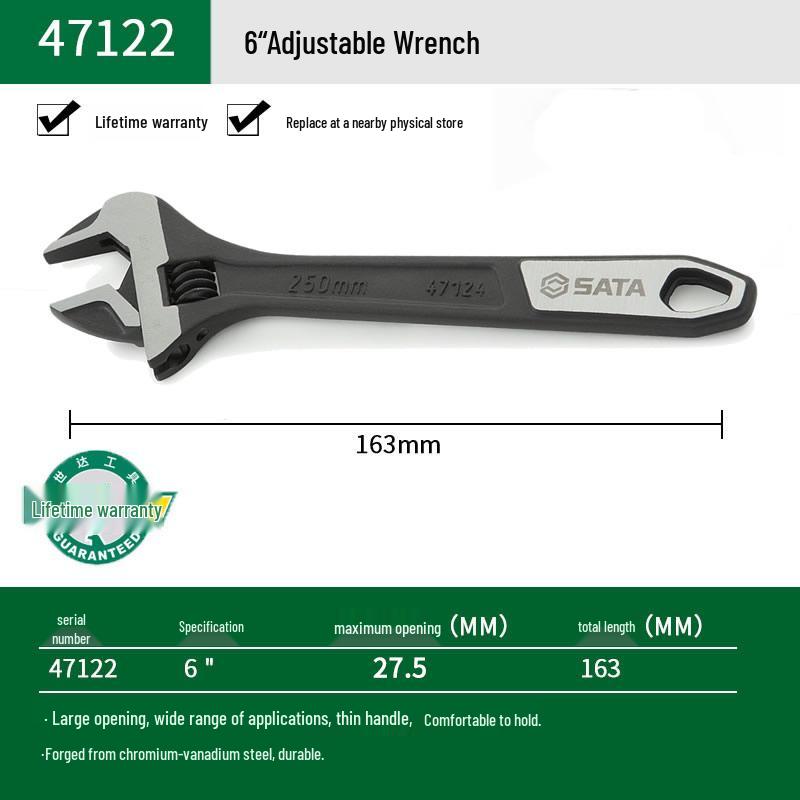 SATA Industrial-Grade Adjustable Wrench, Chrome Vanadium Steel, Sizes: 6/8/10/12 Inch