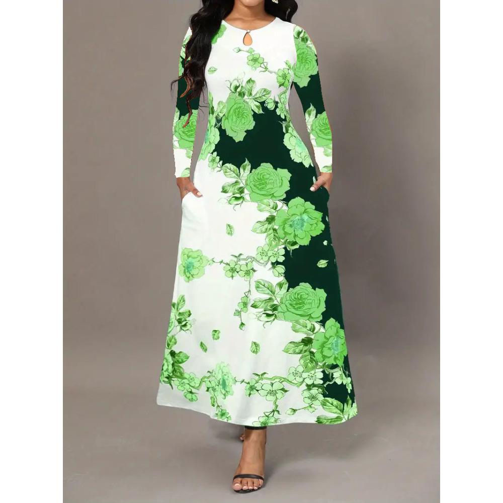 Women's Long Sleeve Round Neck Printed Pocket Long Elegant Dress