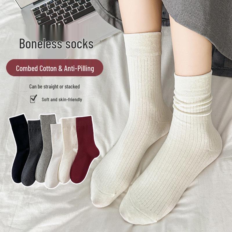 Women's Combed Cotton Mid-Calf Socks: Versatile Boneless Scrunch Style for Autumn/Winter